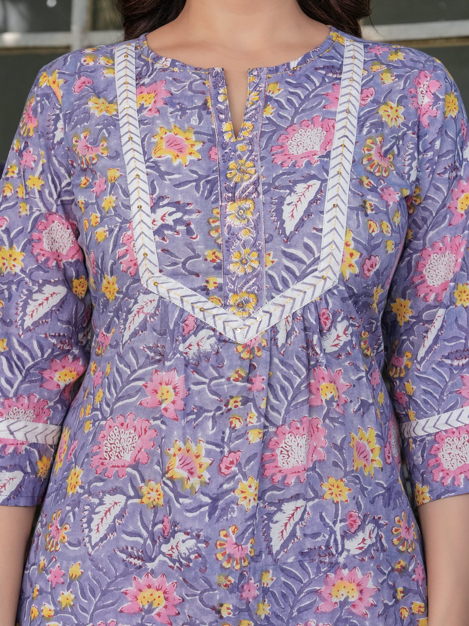 Maluka Women’s Cotton Purple Floral Hand Block Kurta Set with Dupatta