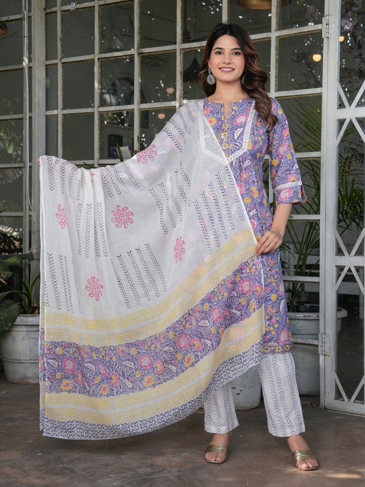 Maluka Women’s Cotton Purple Floral Hand Block Kurta Set with Dupatta