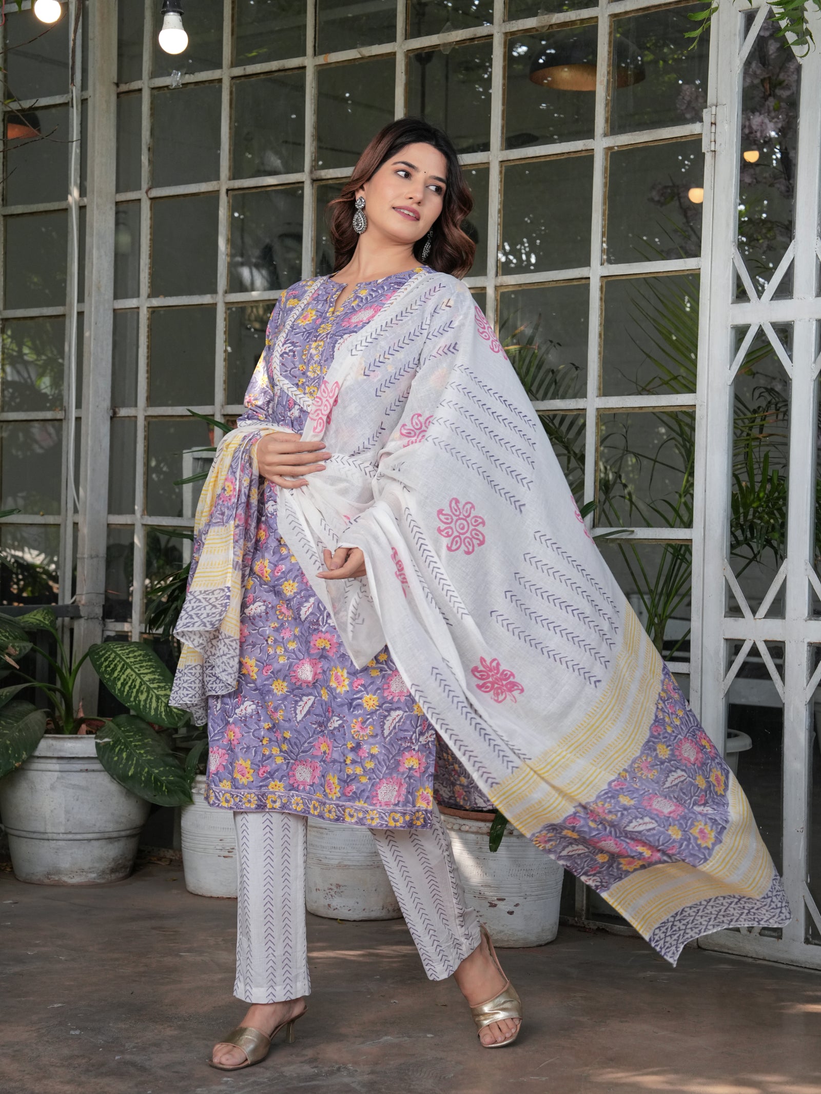 Maluka Women’s Cotton Purple Floral Hand Block Kurta Set with Dupatta
