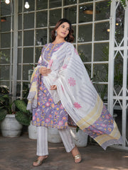 Maluka Women’s Cotton Purple Floral Hand Block Kurta Set with Dupatta