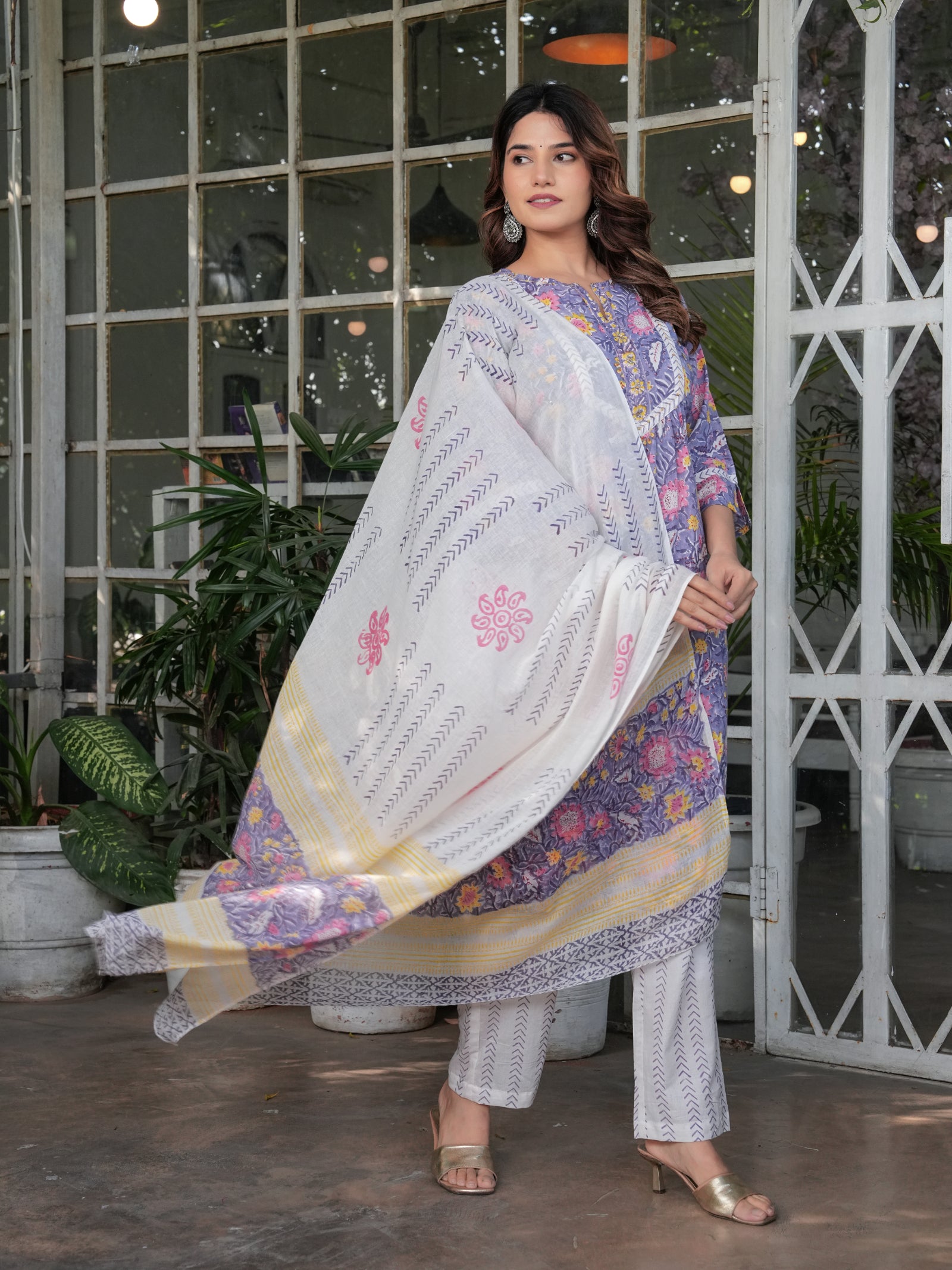Maluka Women’s Cotton Purple Floral Hand Block Kurta Set with Dupatta