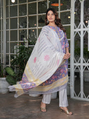 Maluka Women’s Cotton Purple Floral Hand Block Kurta Set with Dupatta