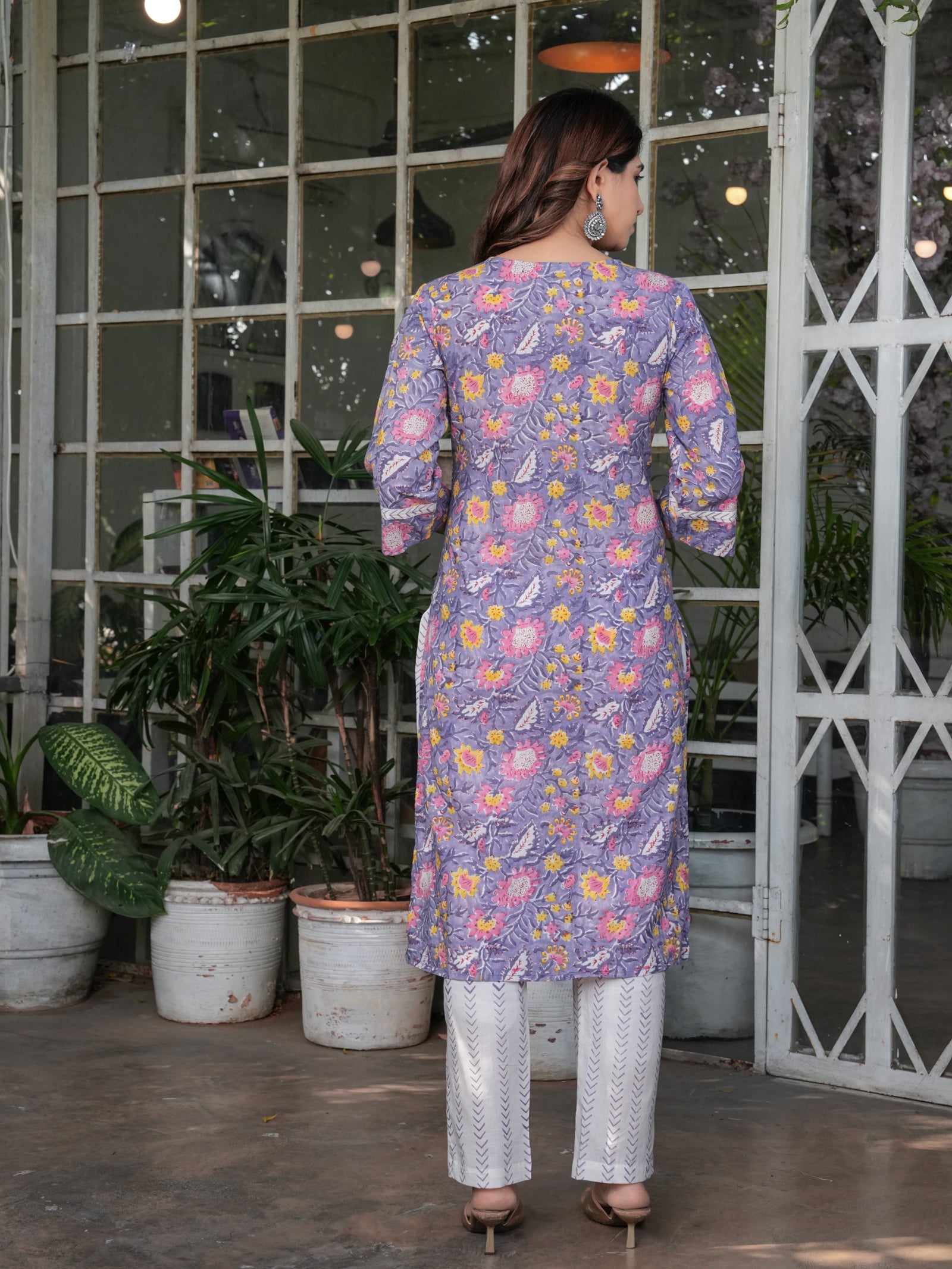 Maluka Women’s Cotton Purple Floral Hand Block Kurta Set with Dupatta
