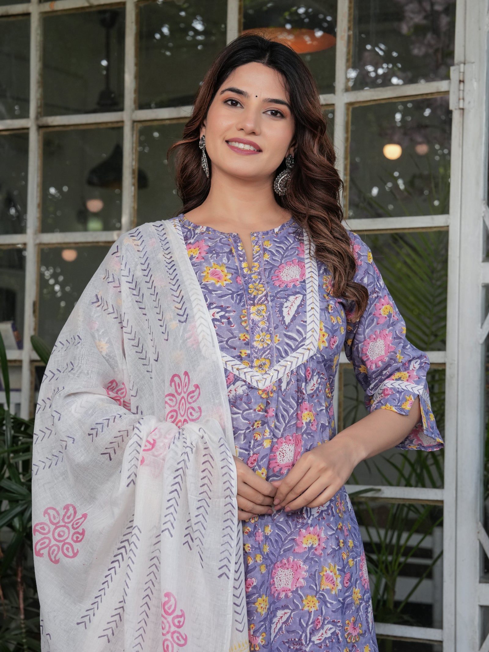 Maluka Women’s Cotton Purple Floral Hand Block Kurta Set with Dupatta