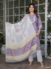 Maluka Women’s Cotton Purple Floral Hand Block Kurta Set with Dupatta
