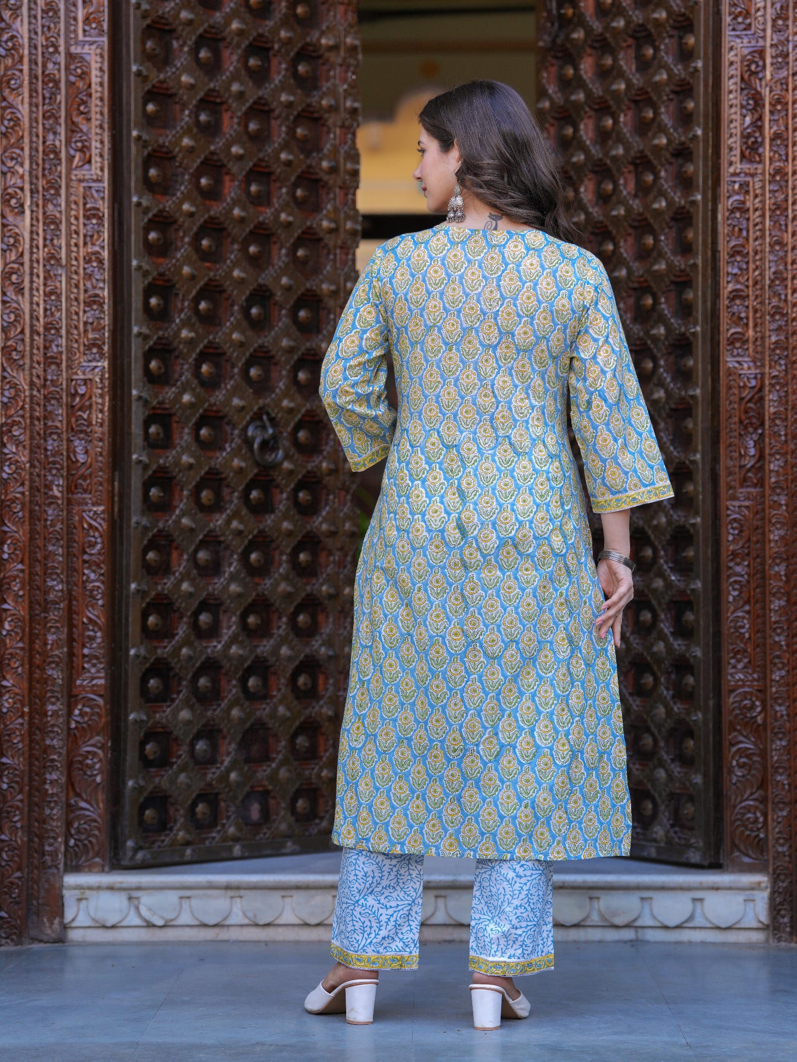 Maluka Women Cotton Floral Printed Hand Block Kurta Pant With Dupatta Set