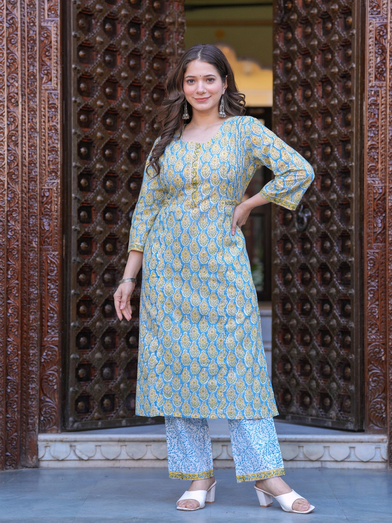 Maluka Women Cotton Floral Printed Hand Block Kurta Pant With Dupatta Set