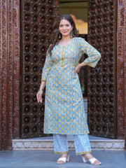 Maluka Women Cotton Floral Printed Hand Block Kurta Pant With Dupatta Set