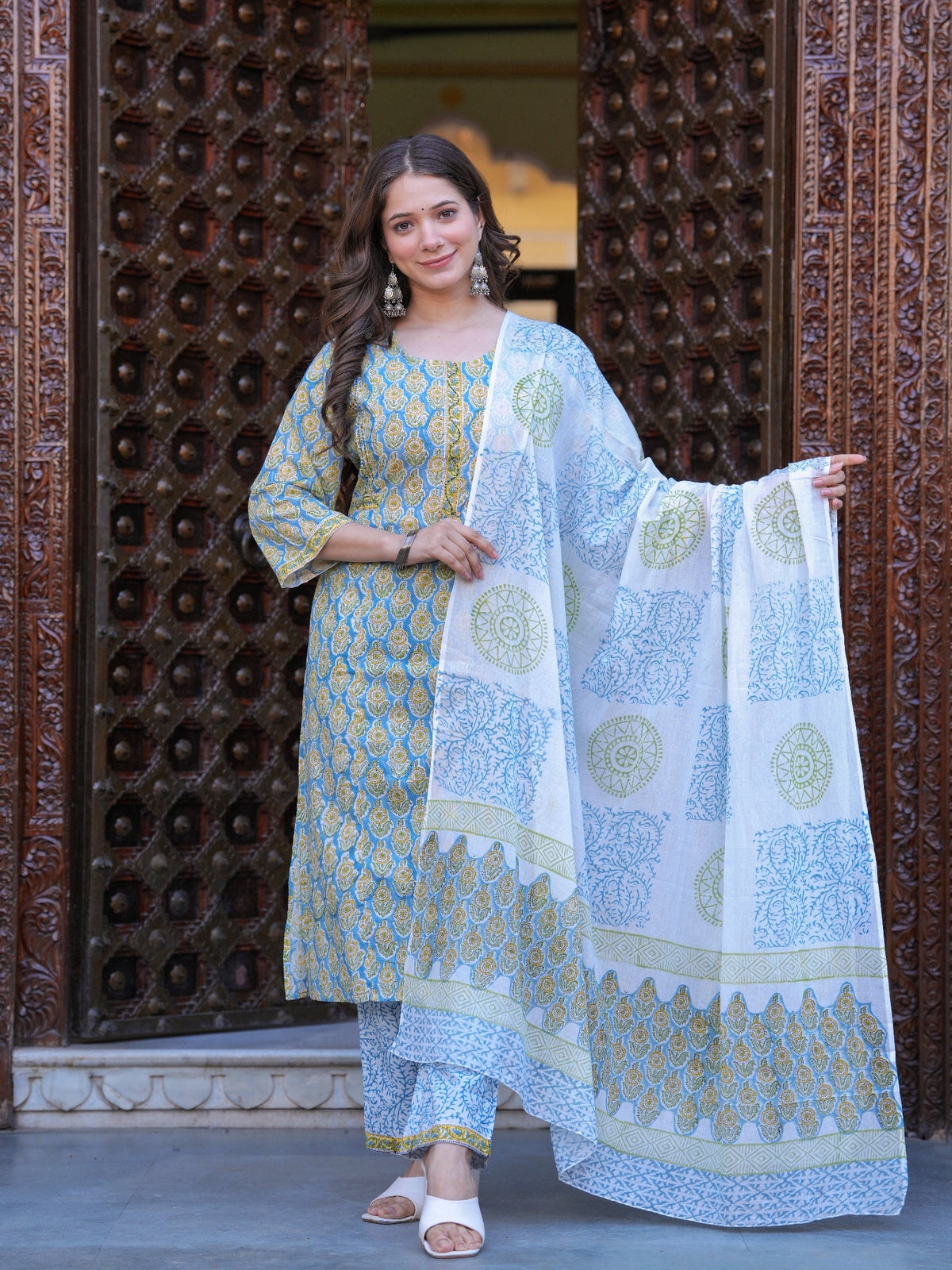 Maluka Women Cotton Floral Printed Hand Block Kurta Pant With Dupatta Set