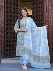 Maluka Women Cotton Floral Printed Hand Block Kurta Pant With Dupatta Set