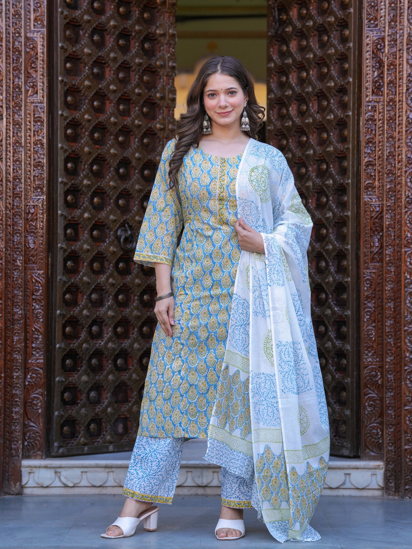 Maluka Women Cotton Floral Printed Hand Block Kurta Pant With Dupatta Set