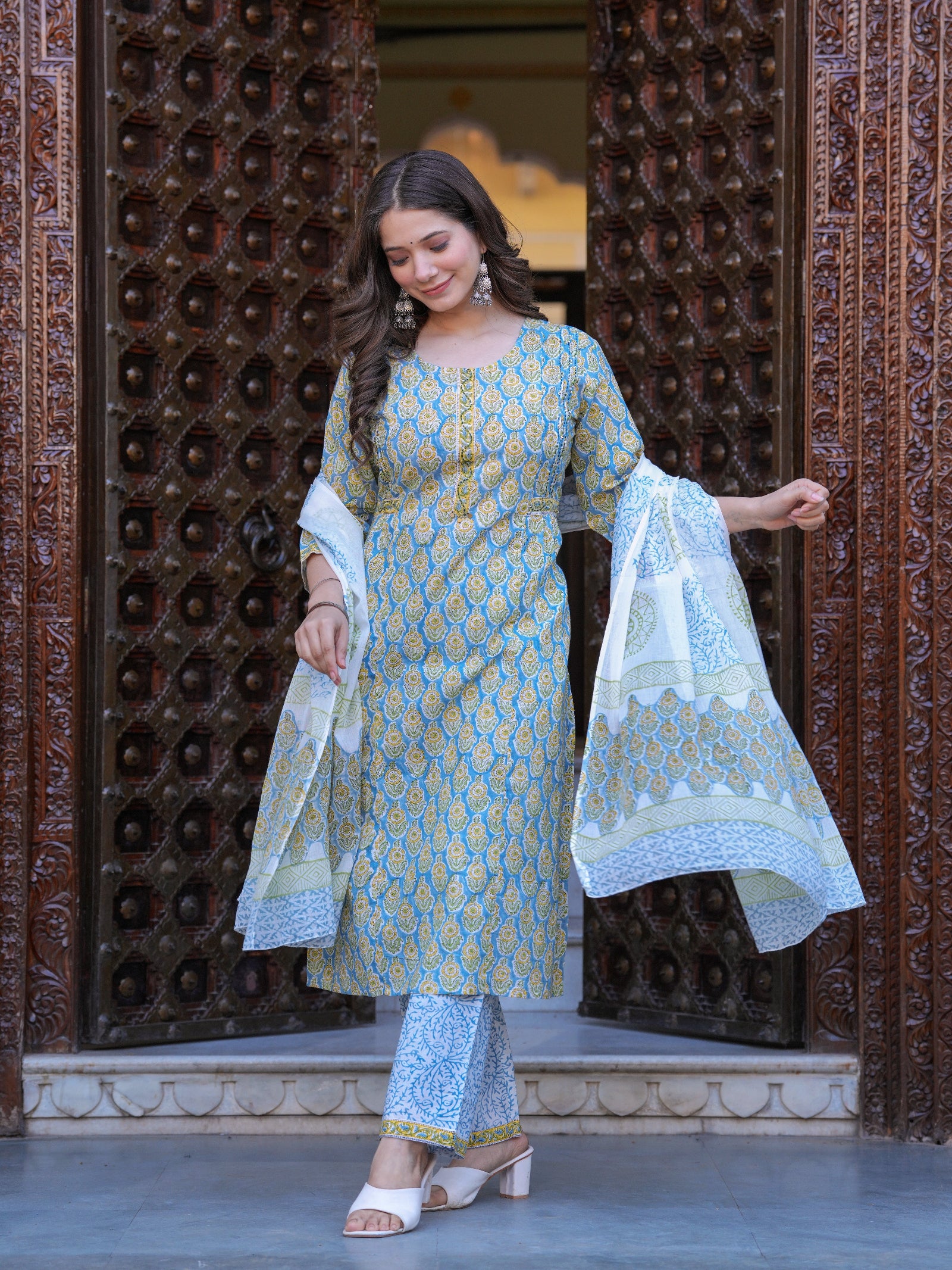Maluka Women Cotton Floral Printed Hand Block Kurta Pant With Dupatta Set