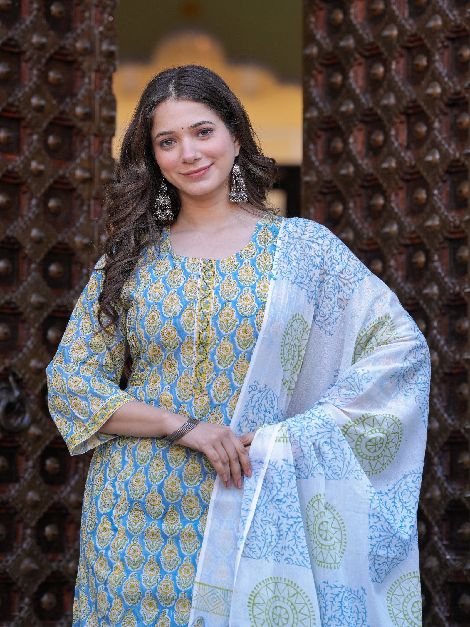 Maluka Women Cotton Floral Printed Hand Block Kurta Pant With Dupatta Set
