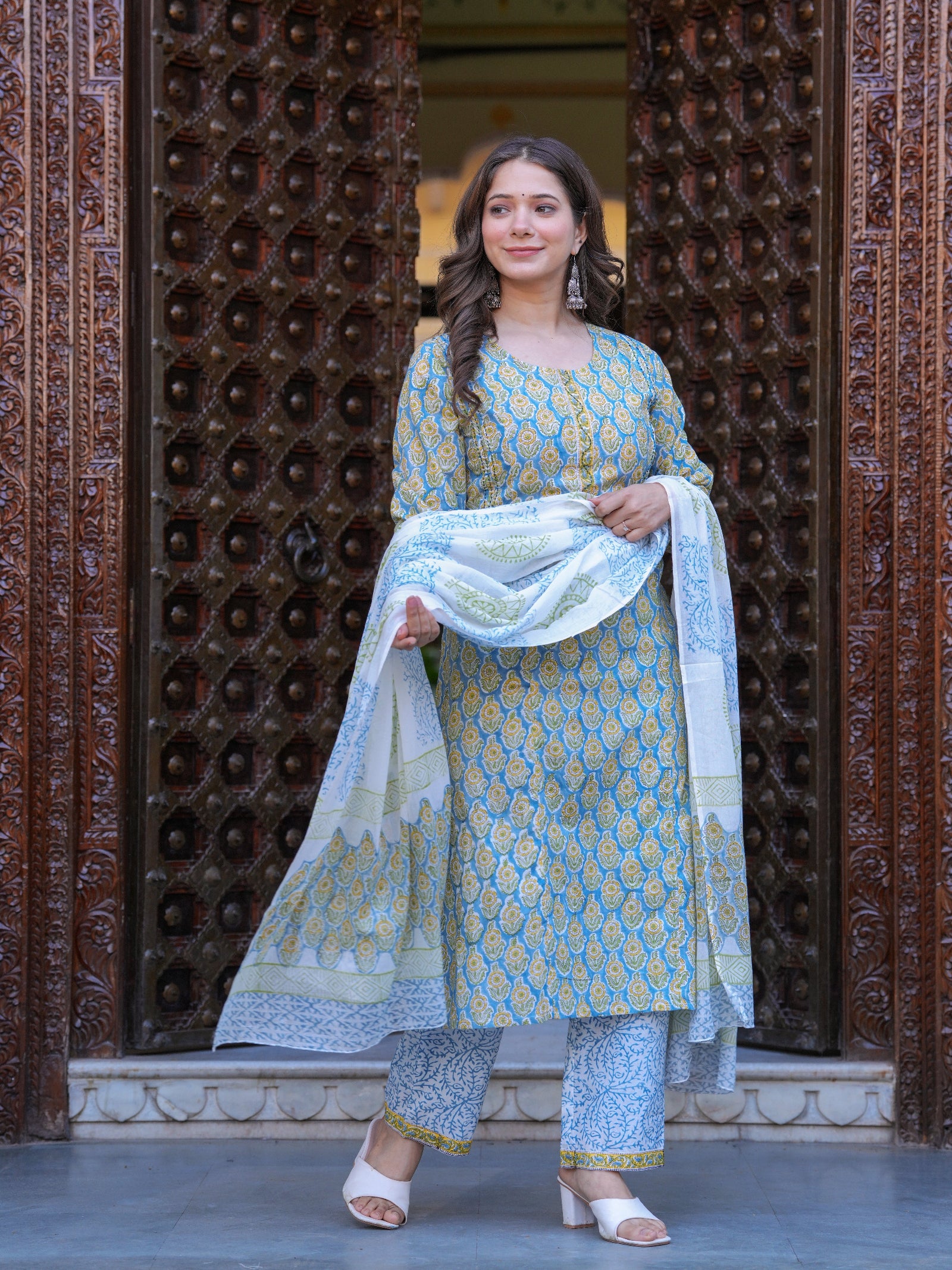 Maluka Women Cotton Floral Printed Hand Block Kurta Pant With Dupatta Set