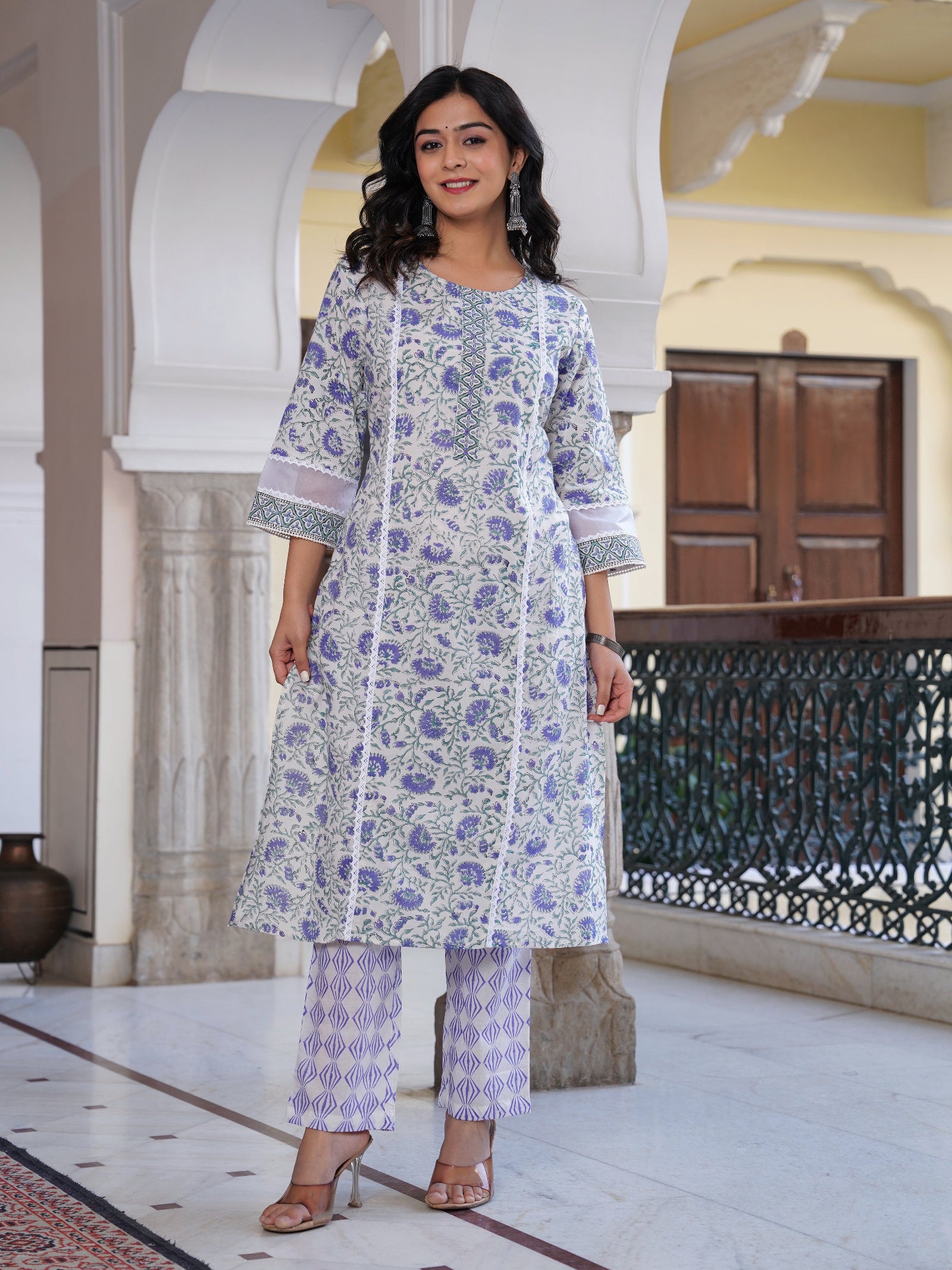 Maluka Women Cotton Printed Hand Block Kurta Pant With Dupatta Set
