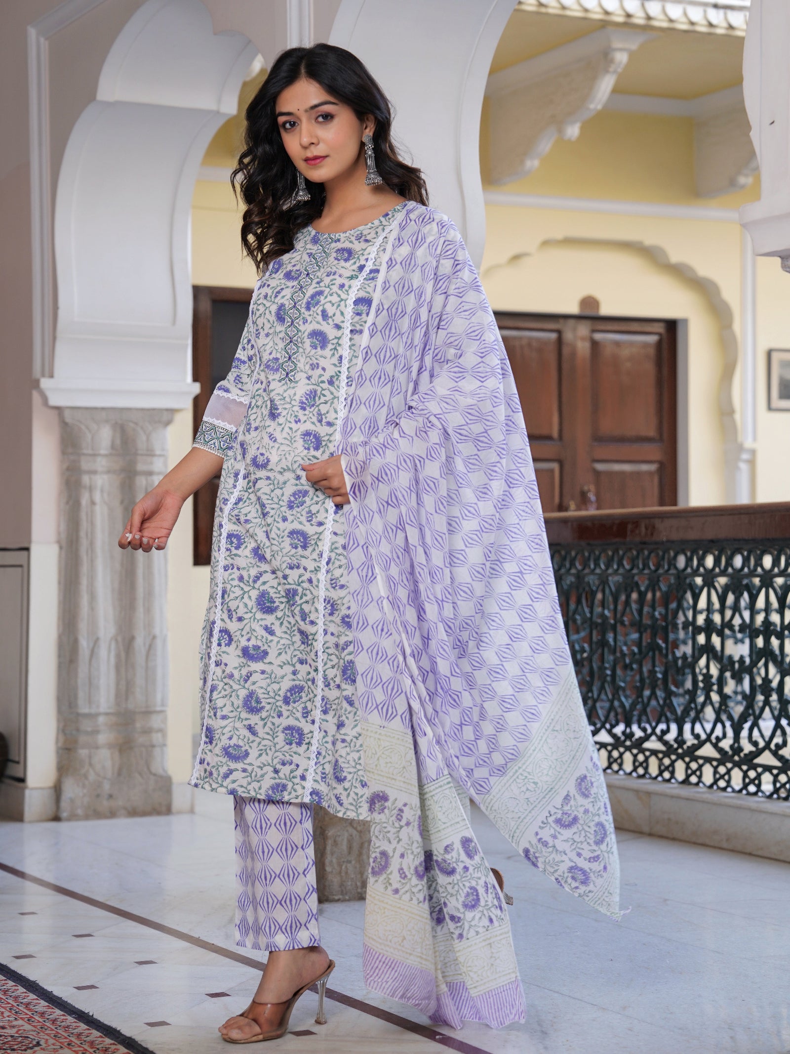 Maluka Women Cotton Printed Hand Block Kurta Pant With Dupatta Set