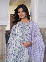 Maluka Women Cotton Printed Hand Block Kurta Pant With Dupatta Set
