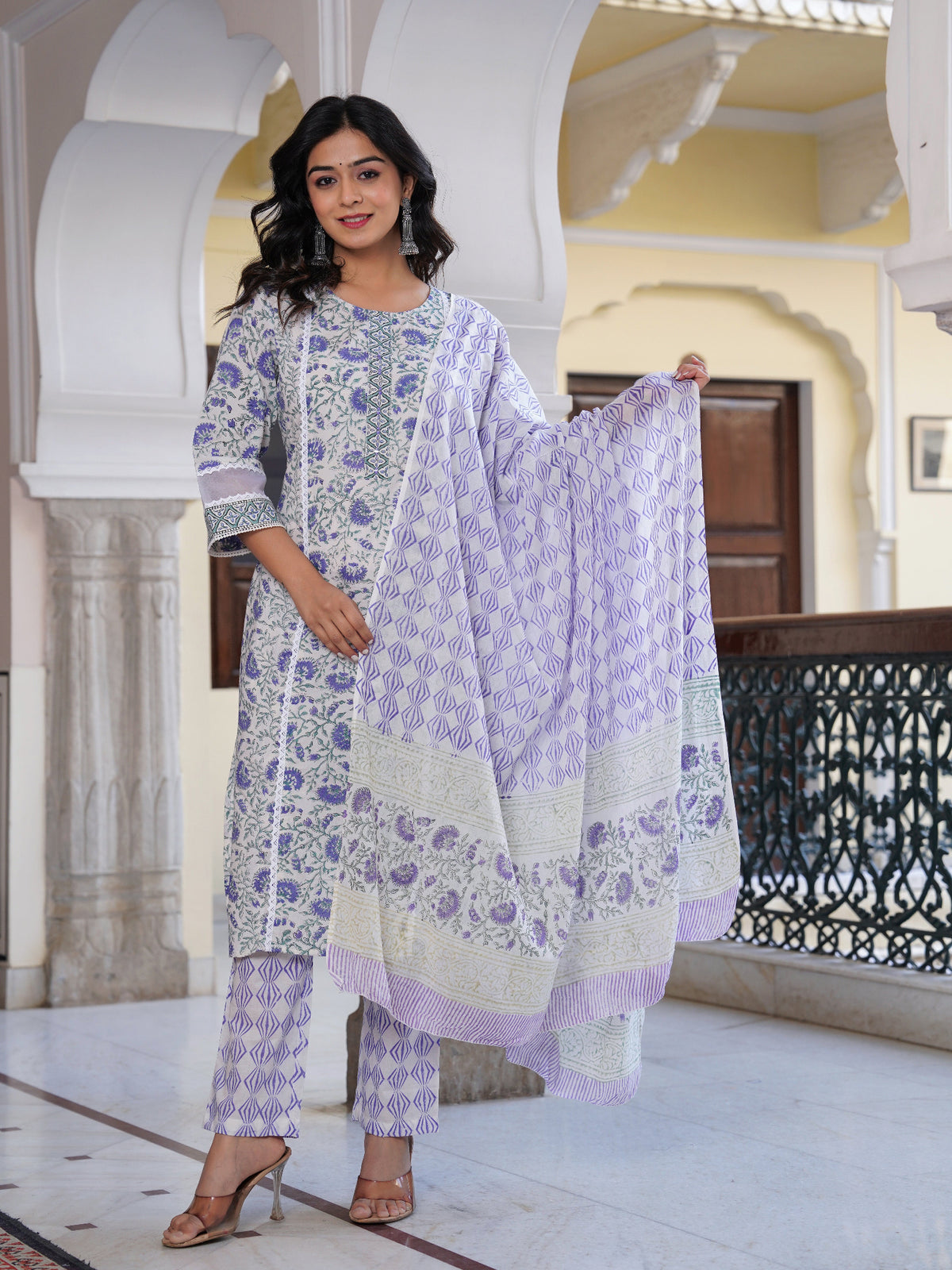 Maluka Women Cotton Printed Hand Block Kurta Pant With Dupatta Set