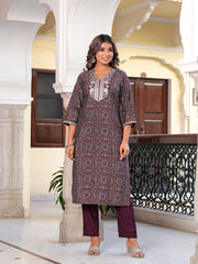 Maluka Women’s Wine & Mehndi Green Ethnic Kurta Set with Dupatta