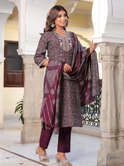 Maluka Women’s Wine & Mehndi Green Ethnic Kurta Set with Dupatta