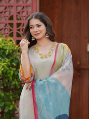 Maluka Women Pink Shimmer Viscose Digital Printed Kurta Pant With Dupatta Set