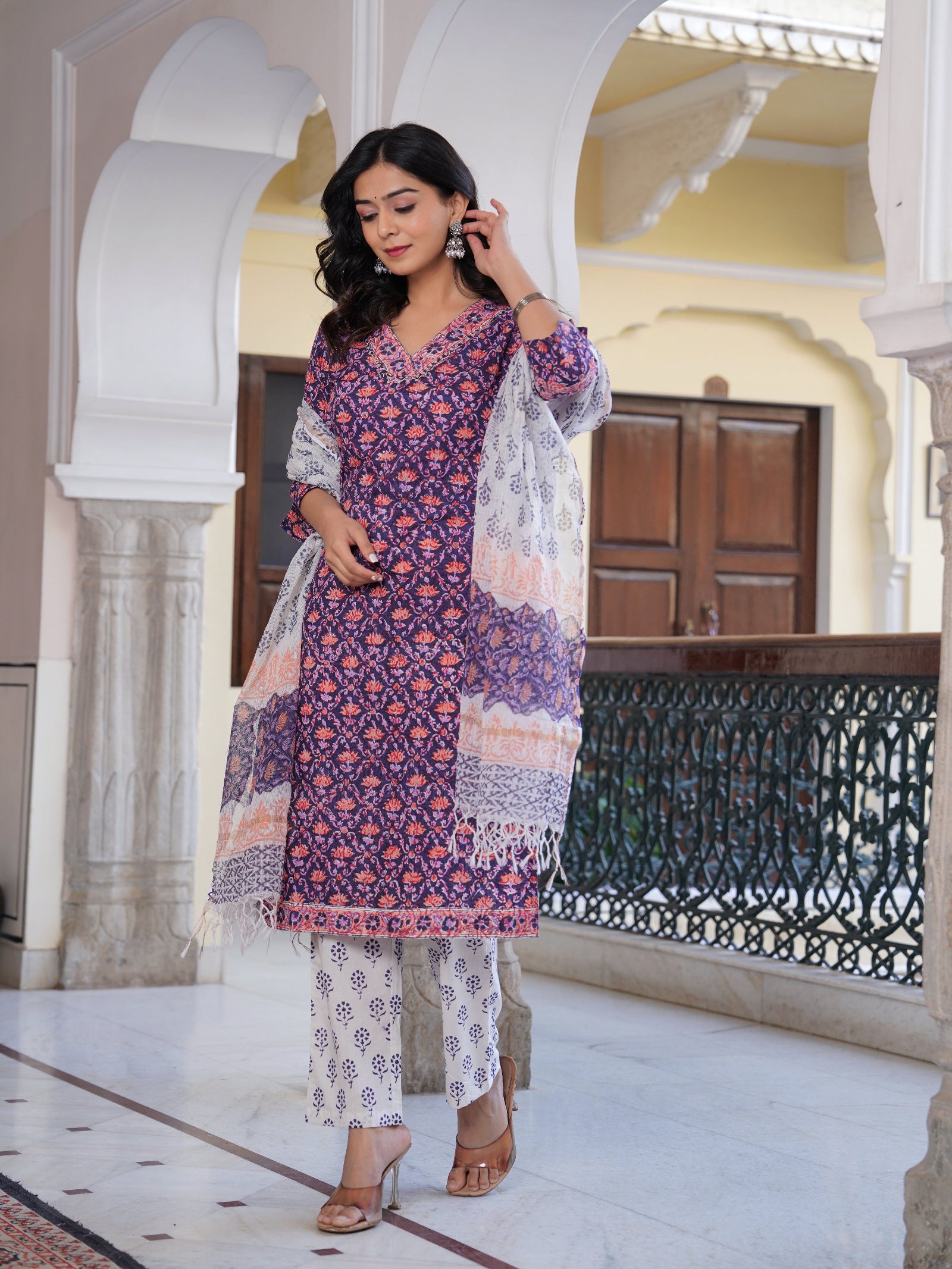 Maluka Women Cotton Floral Printed Hand Block Kurta Pant With Dupatta Set