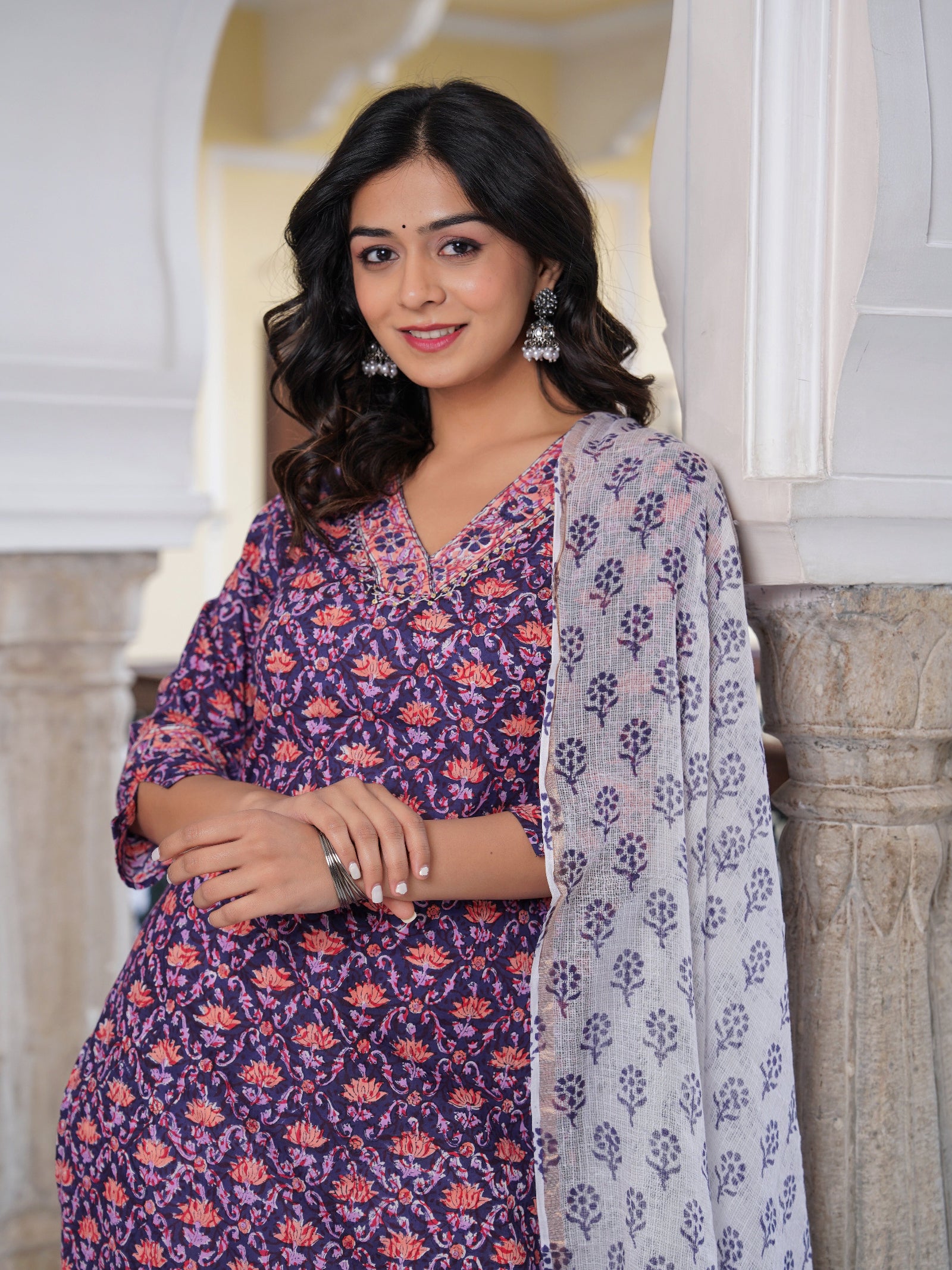 Maluka Women Cotton Floral Printed Hand Block Kurta Pant With Dupatta Set