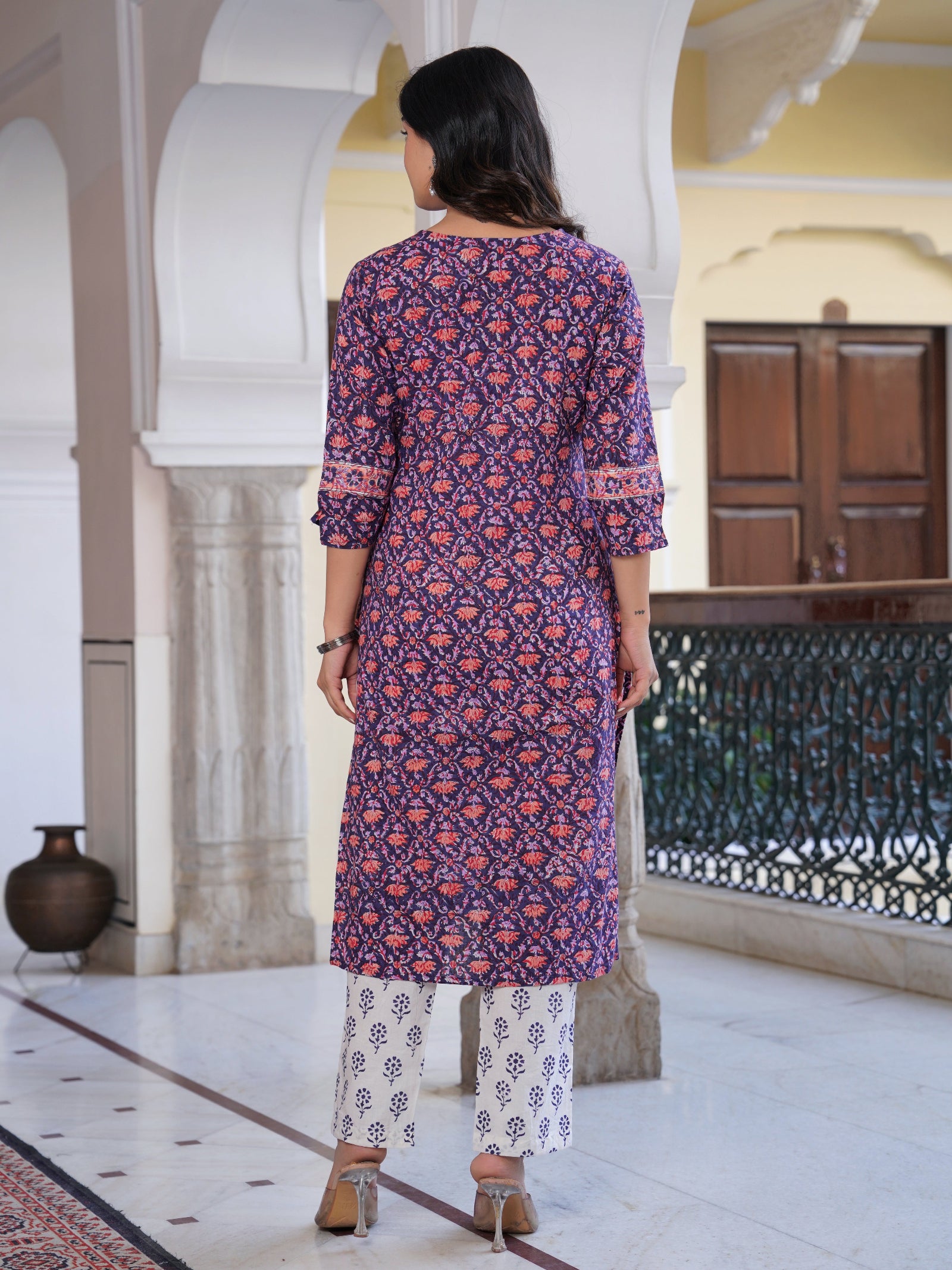 Maluka Women Cotton Floral Printed Hand Block Kurta Pant With Dupatta Set