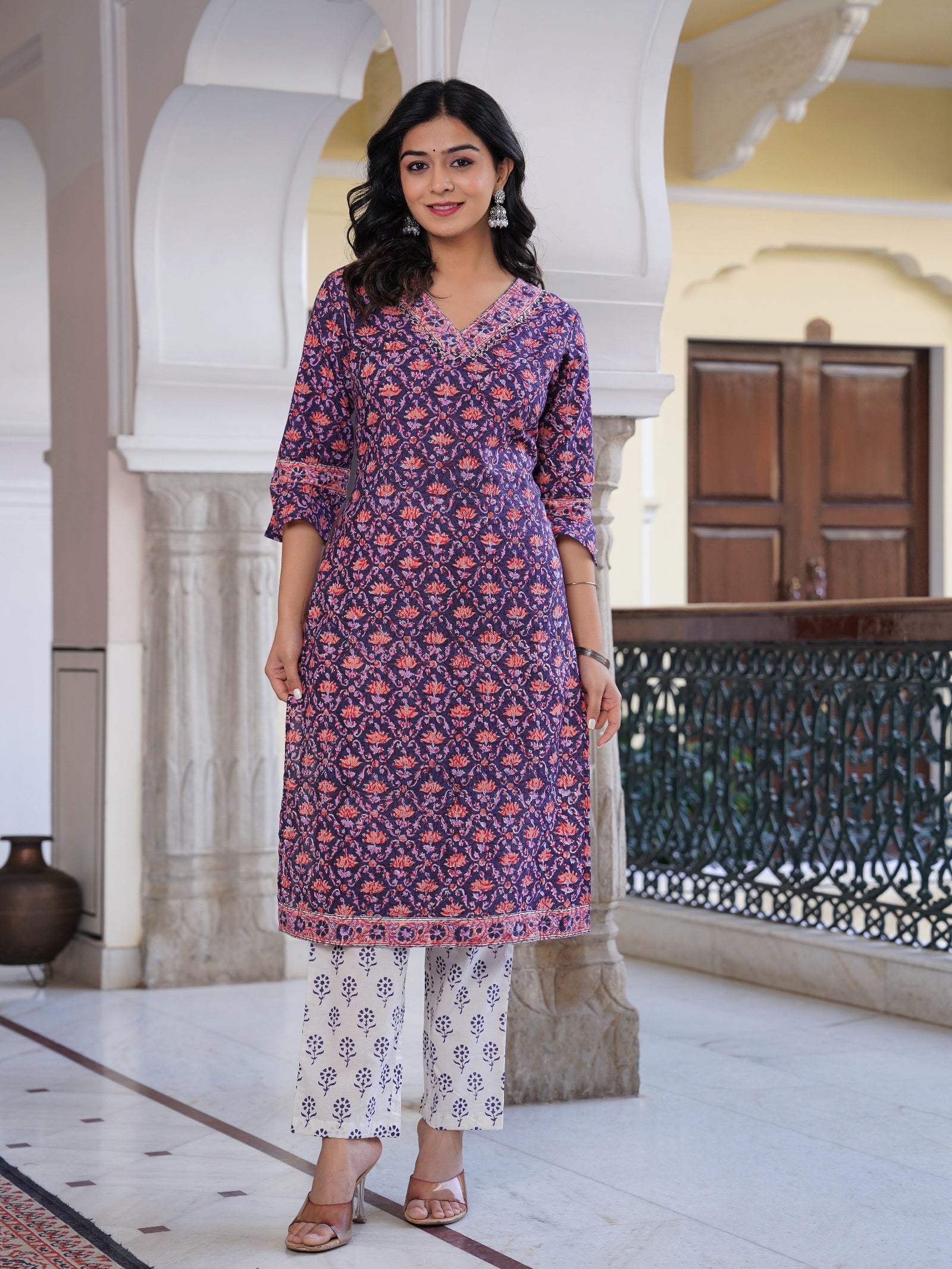 Maluka Women Cotton Floral Printed Hand Block Kurta Pant With Dupatta Set