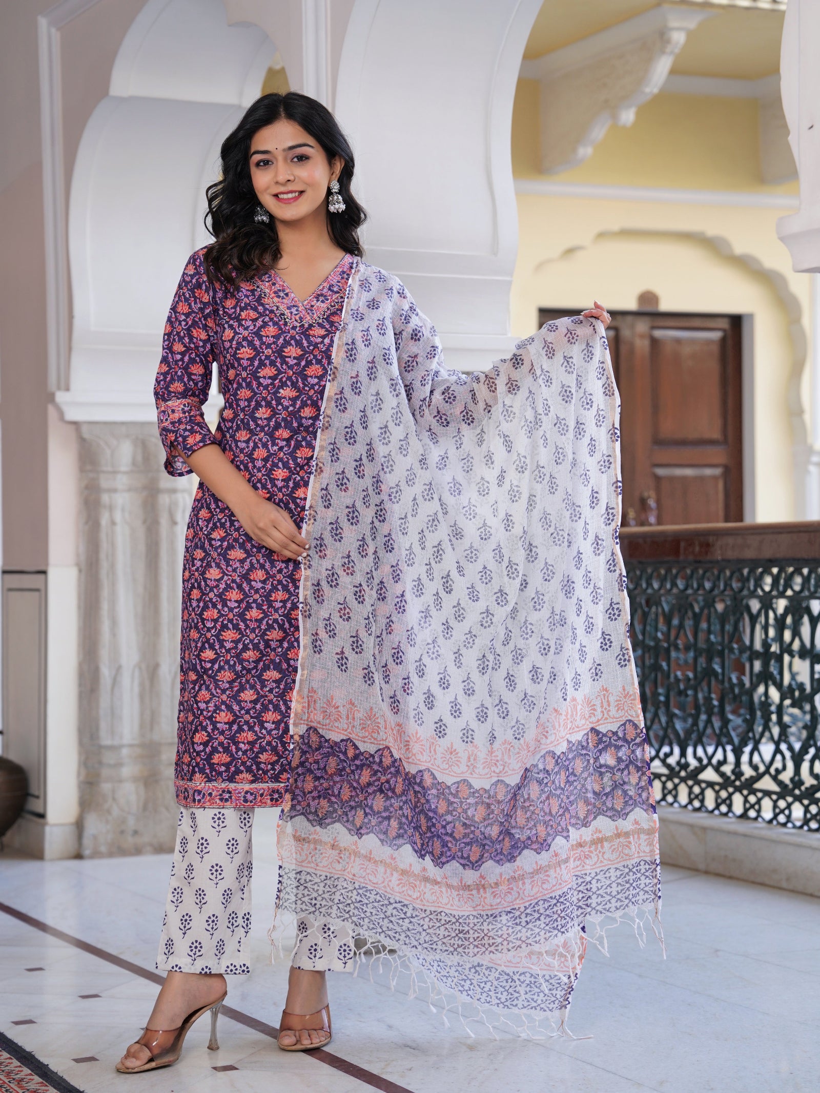 Maluka Women Cotton Floral Printed Hand Block Kurta Pant With Dupatta Set