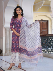 Maluka Women Cotton Floral Printed Hand Block Kurta Pant With Dupatta Set