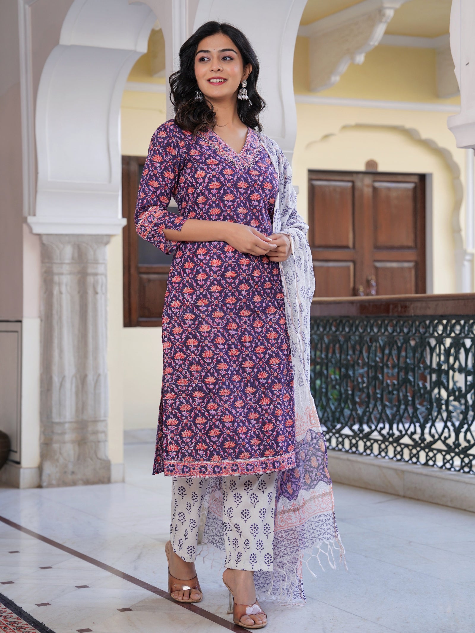 Maluka Women Cotton Floral Printed Hand Block Kurta Pant With Dupatta Set