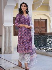 Maluka Women Cotton Floral Printed Hand Block Kurta Pant With Dupatta Set