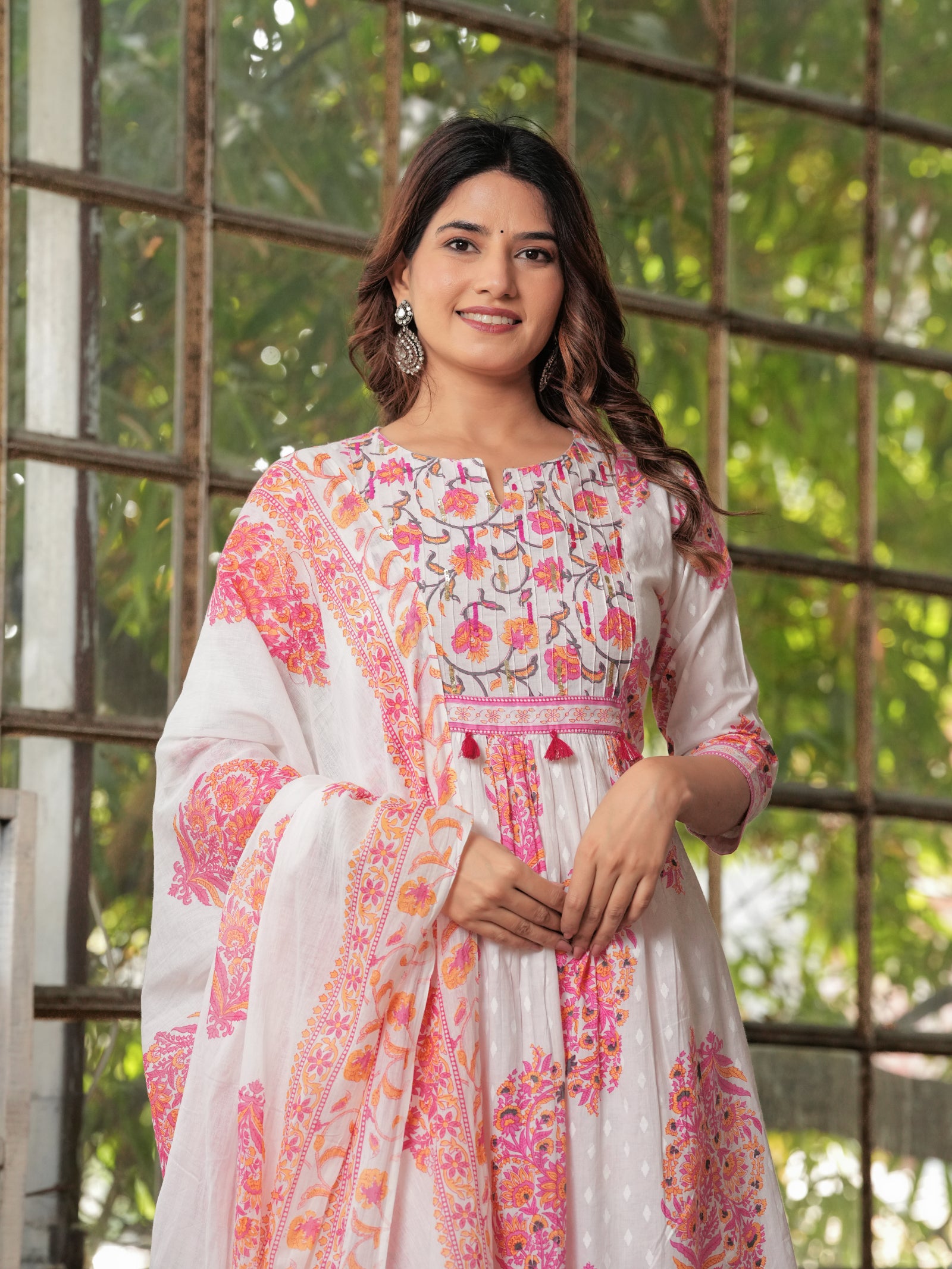 Maluka Women’s White-Pink & White-Green Anarkali Kurta Set with Dupatta
