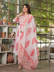 Maluka Women’s White-Pink & White-Green Anarkali Kurta Set with Dupatta