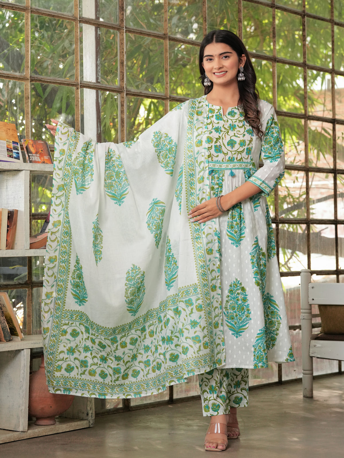 Maluka Women’s White-Pink & White-Green Anarkali Kurta Set with Dupatta