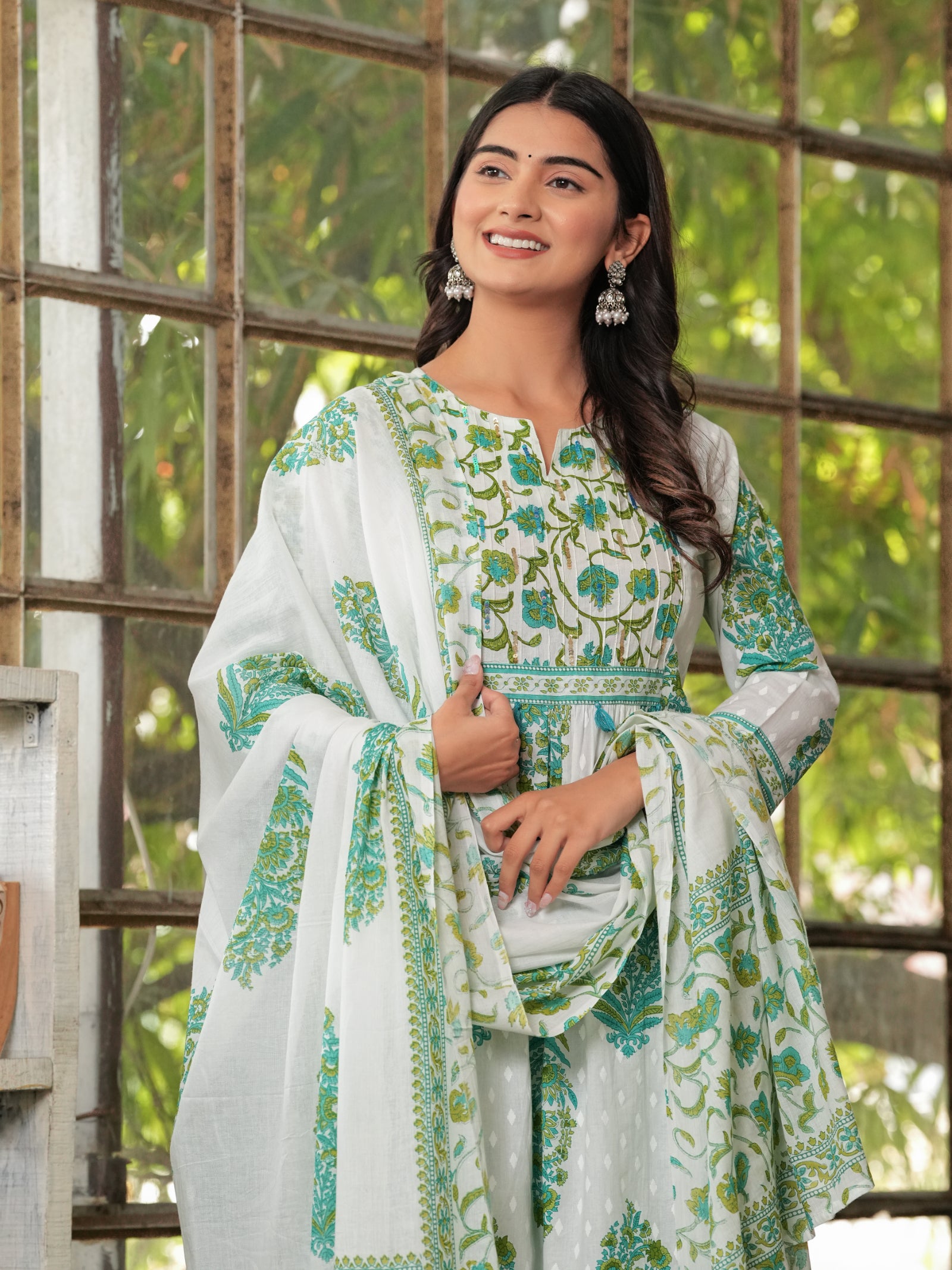Maluka Women’s White-Pink & White-Green Anarkali Kurta Set with Dupatta