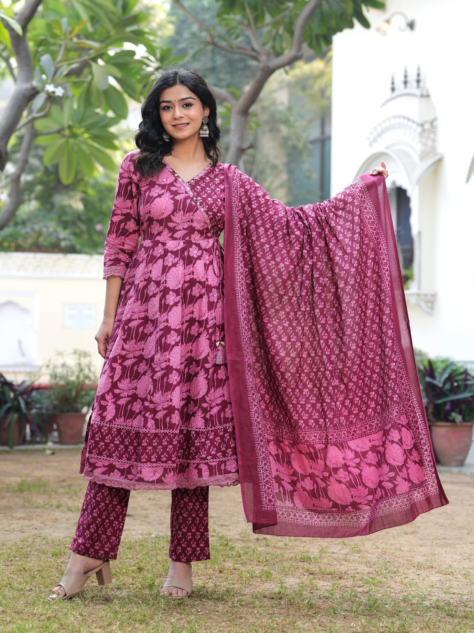 Maluka Women Cotton Floral Printed Kurta Pant With Dupatta Set