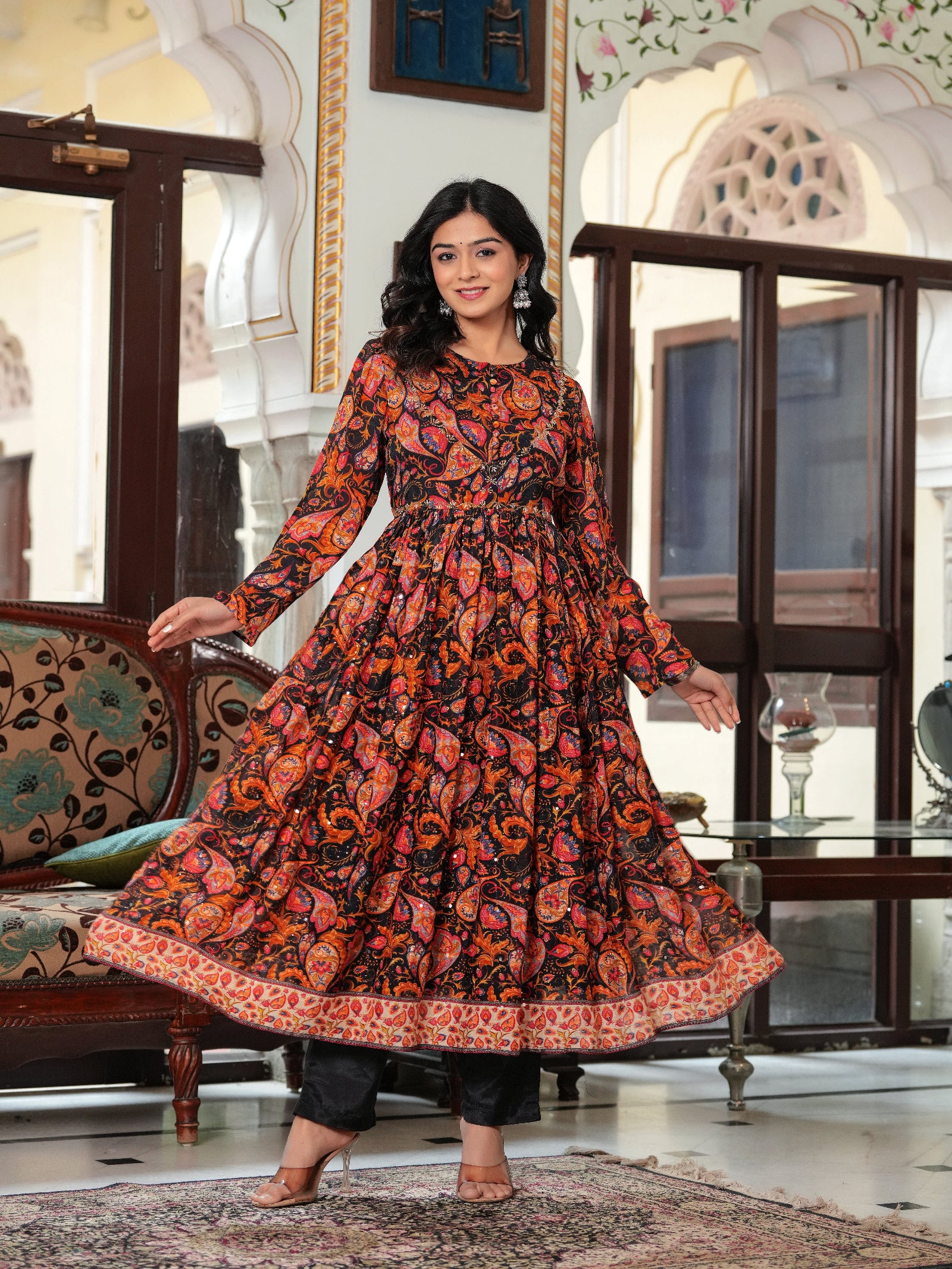 Maluka Women Black Chinon Digital Printed Emb. Kurta Pant With Dupatta Set