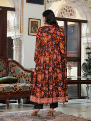 Maluka Women Black Chinon Digital Printed Emb. Kurta Pant With Dupatta Set