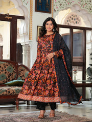 Maluka Women Black Chinon Digital Printed Emb. Kurta Pant With Dupatta Set