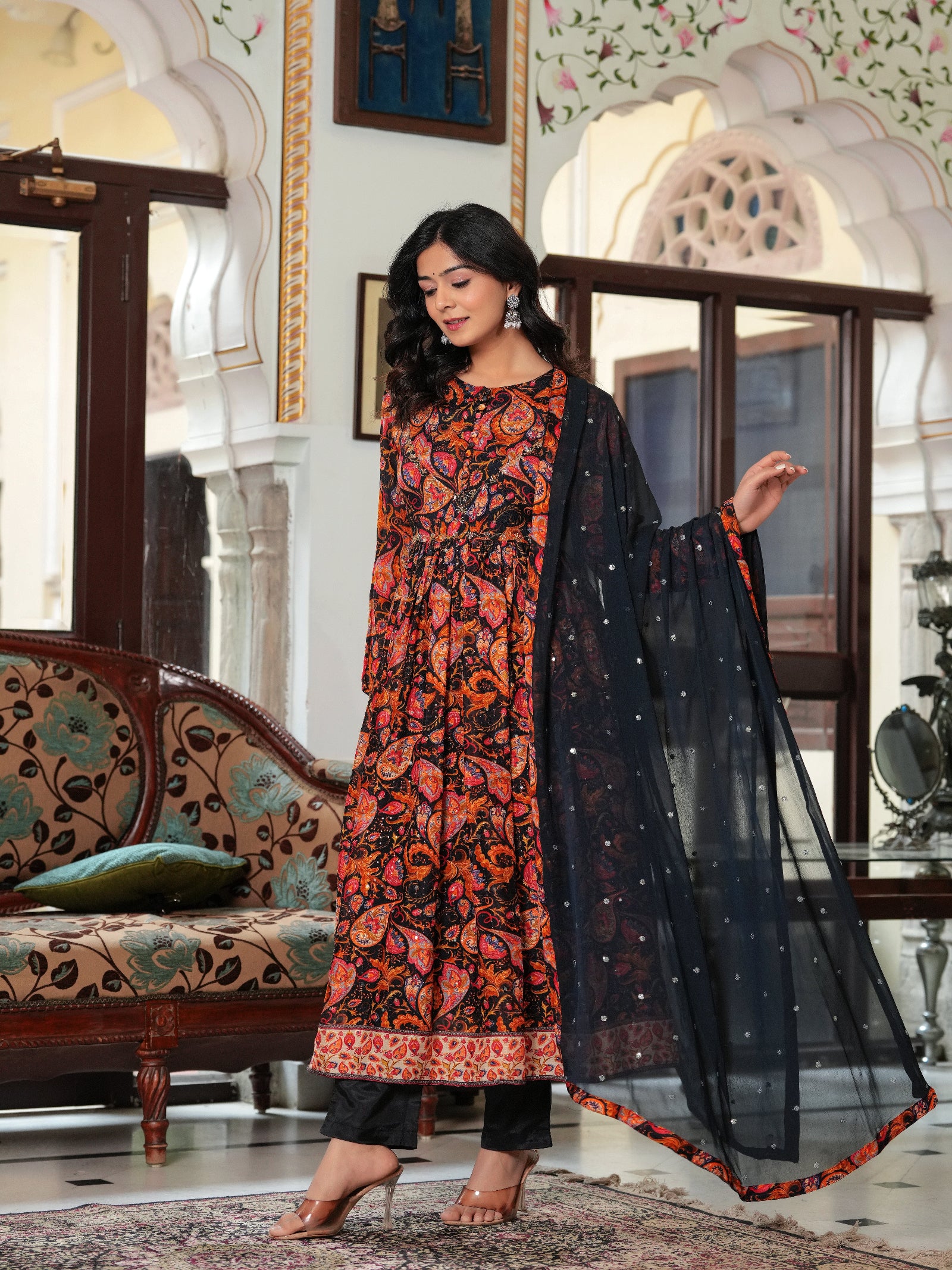 Maluka Women Black Chinon Digital Printed Emb. Kurta Pant With Dupatta Set