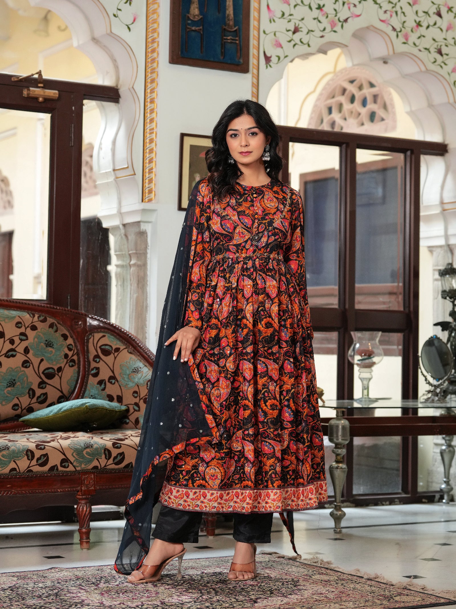 Maluka Women Black Chinon Digital Printed Emb. Kurta Pant With Dupatta Set