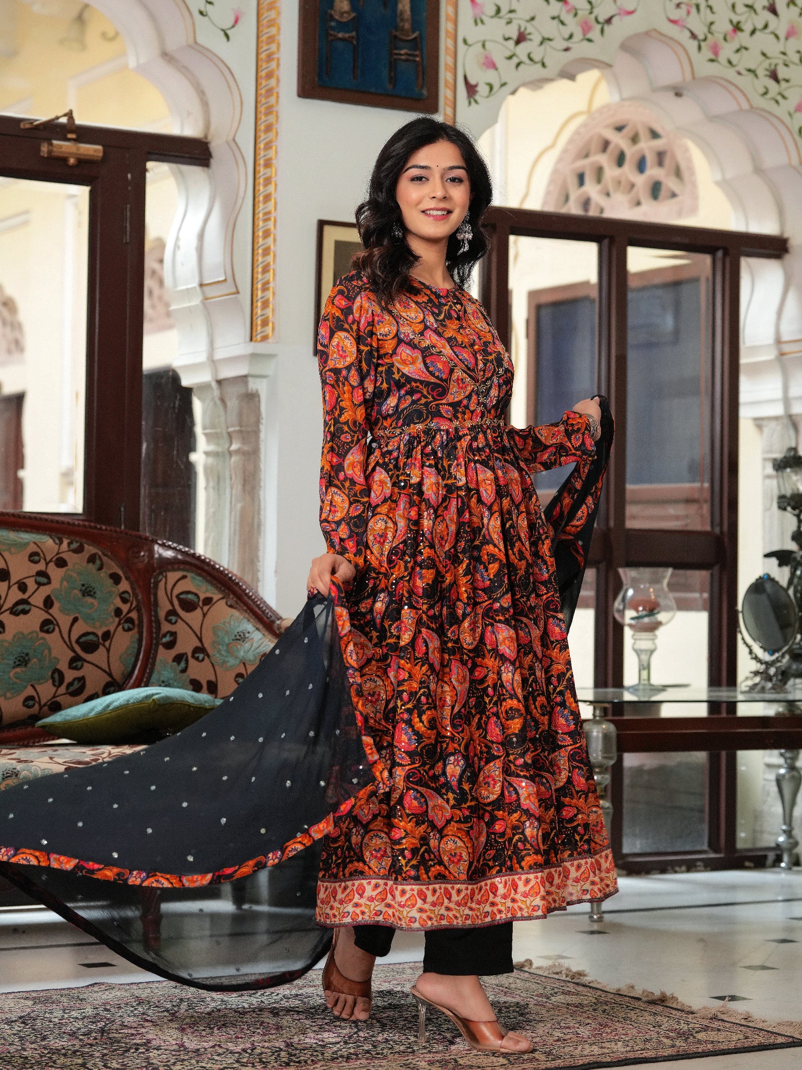 Maluka Women Black Chinon Digital Printed Emb. Kurta Pant With Dupatta Set