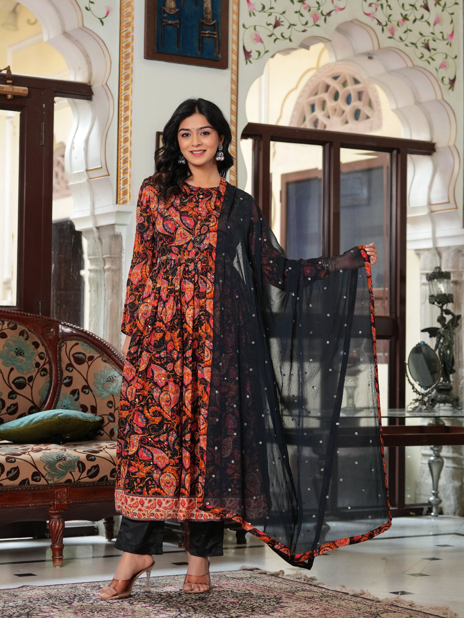 Maluka Women Black Chinon Digital Printed Emb. Kurta Pant With Dupatta Set