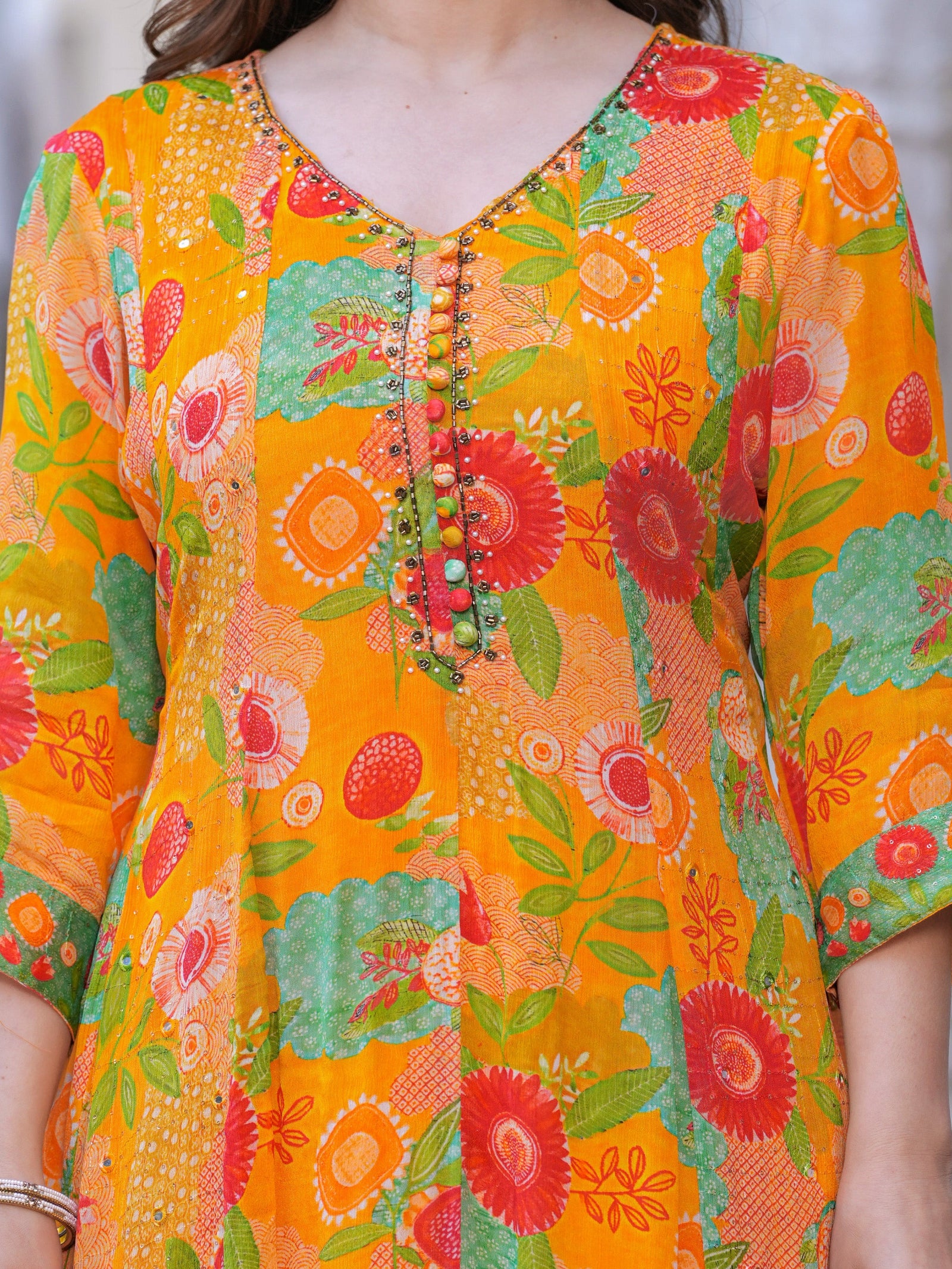 Maluka Women Orange Chinon Digital Printed Emb. Kurta Pant With Dupatta Set