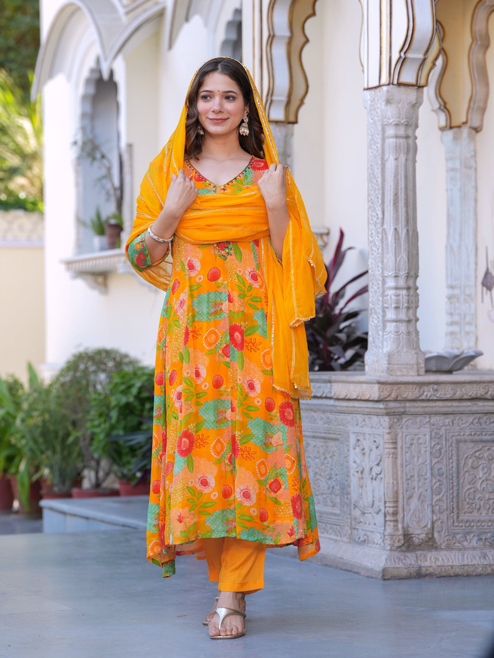 Maluka Women Orange Chinon Digital Printed Emb. Kurta Pant With Dupatta Set