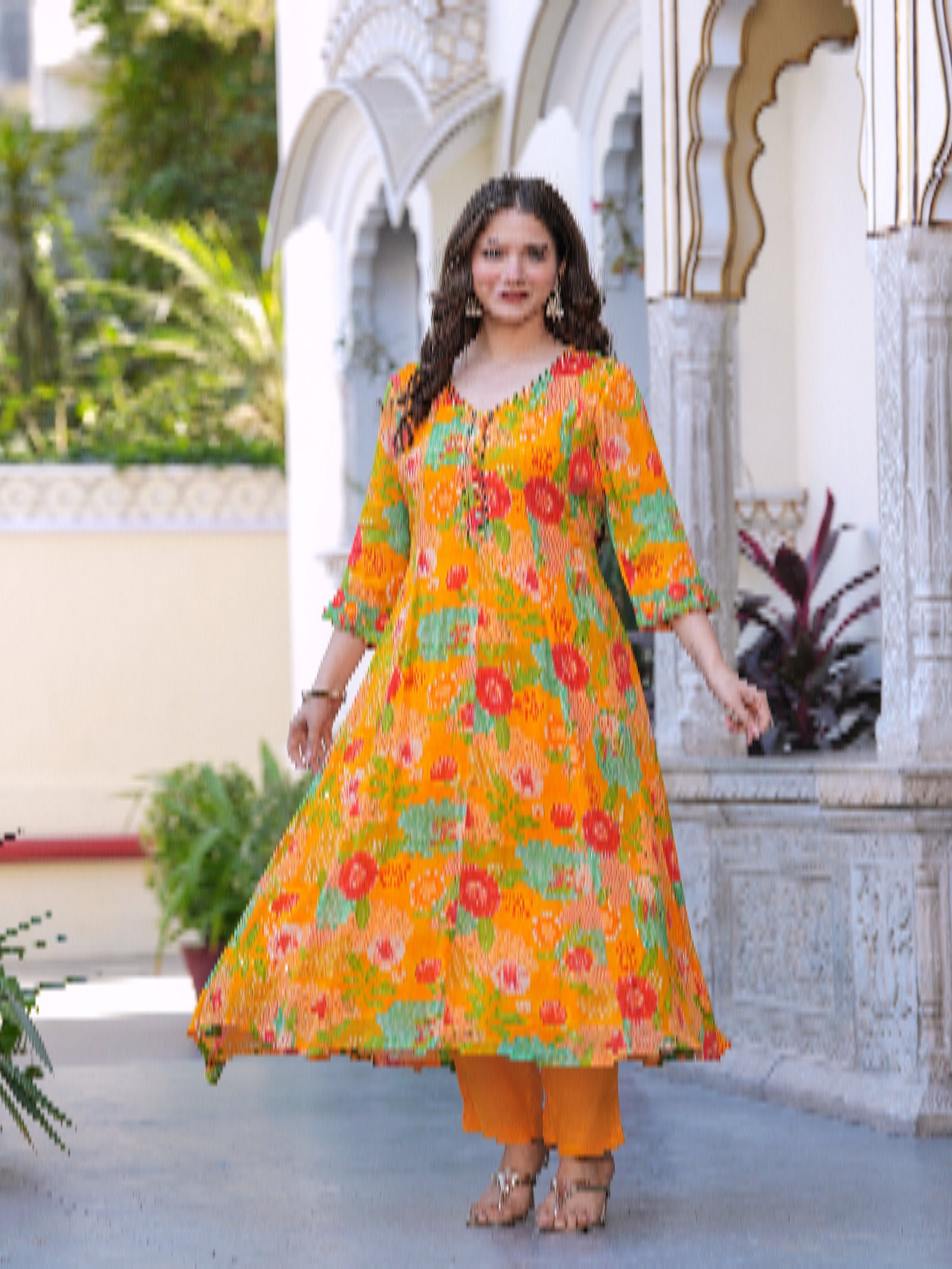 Maluka Women Orange Chinon Digital Printed Emb. Kurta Pant With Dupatta Set