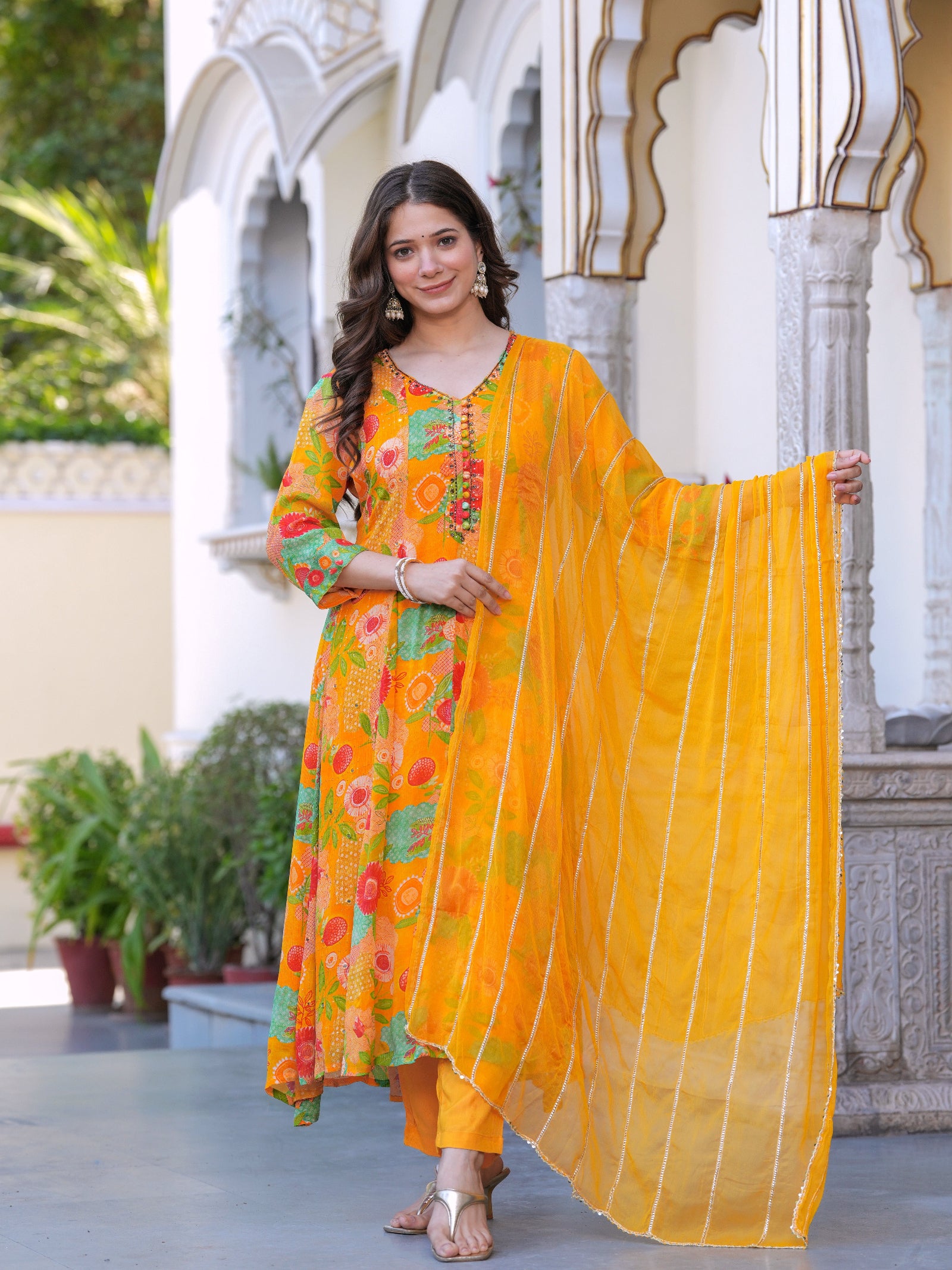 Maluka Women Orange Chinon Digital Printed Emb. Kurta Pant With Dupatta Set