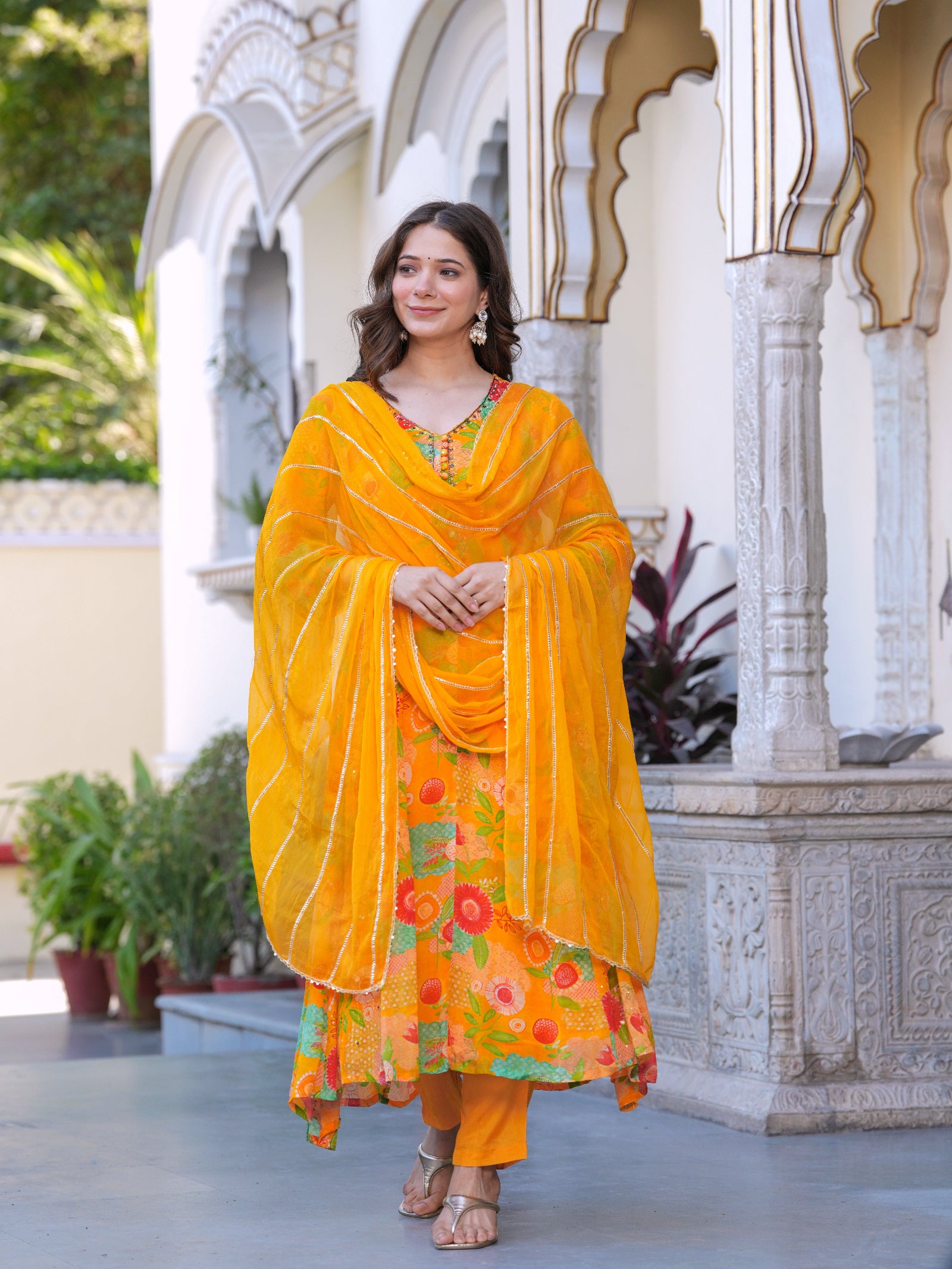 Maluka Women Orange Chinon Digital Printed Emb. Kurta Pant With Dupatta Set